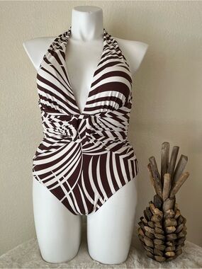 Tommy Bahama Brown and White Halter One-Piece Swimsuit